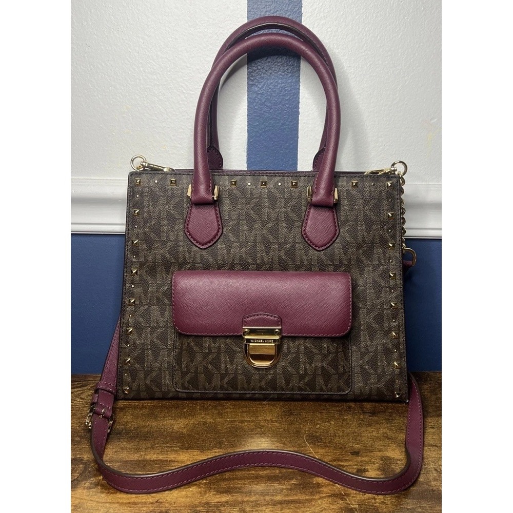 Michael Kors Brown/Purple Saffiano Leather Medium Bridgette Tote Purse Bag